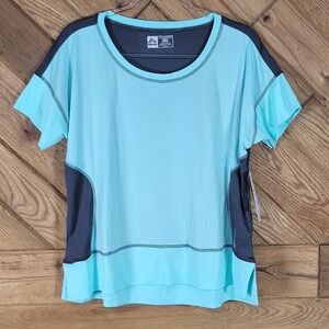 RBX Performance Activewear Top Womens Medium Colorblock Aqua Gray Short Sleeve